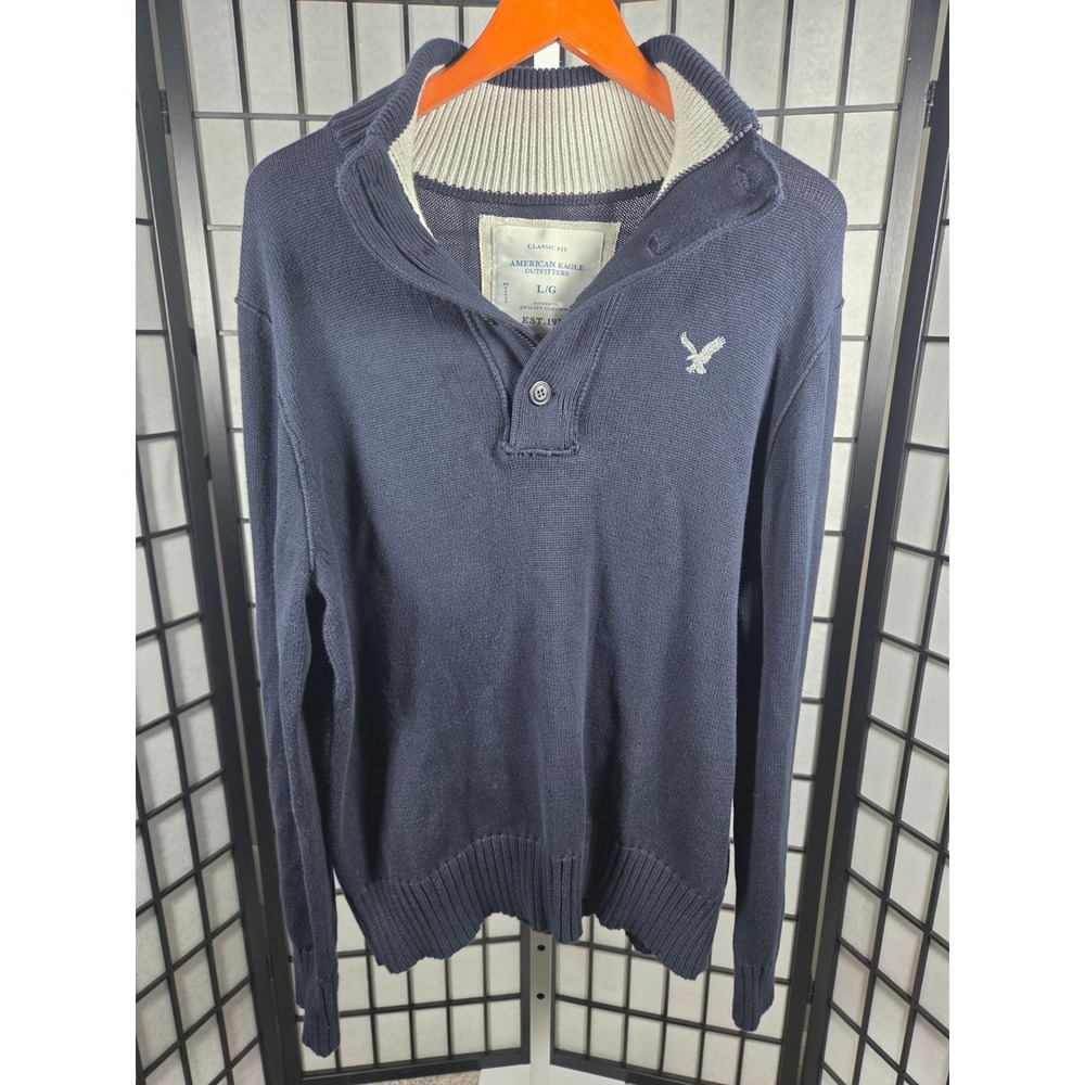 Vintage y2k American Eagle Outfitters Mens Navy Blue Quarter Zip V Sweater Large